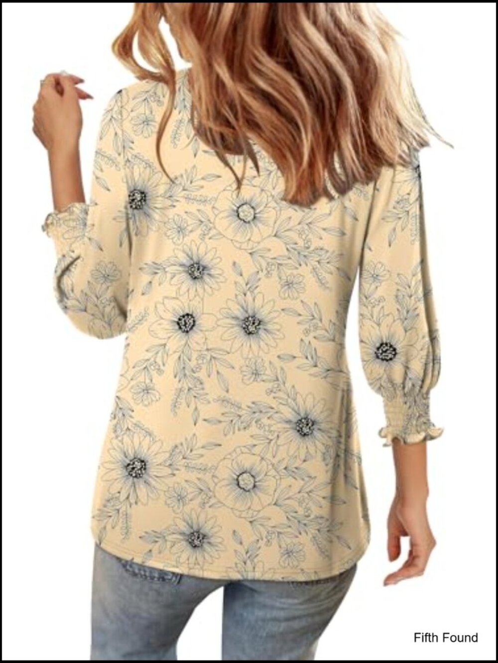 V-Neck Button Down Blouse with 3/4 Sleeve Puff Sleeves Tunic Tops for Work - Picture 5 of 6